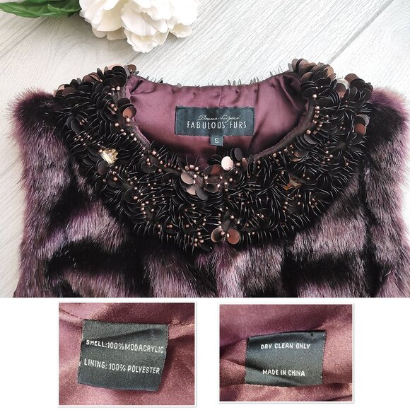 Fabulous Fur Vest Vegan Brown Plum Beaded Embellished Neck S Donna Salyers - Picture 4 of 9